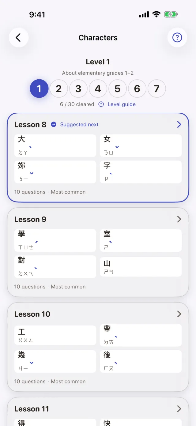 The Characters course at TBCL level 1, each lesson listing its characters